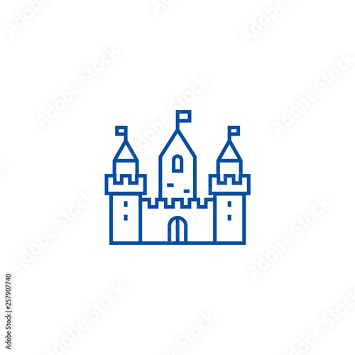 Kingdom castle wtih three towers line concept icon. Kingdom castle wtih three towers flat  vector website sign, outline symbol, illustration.