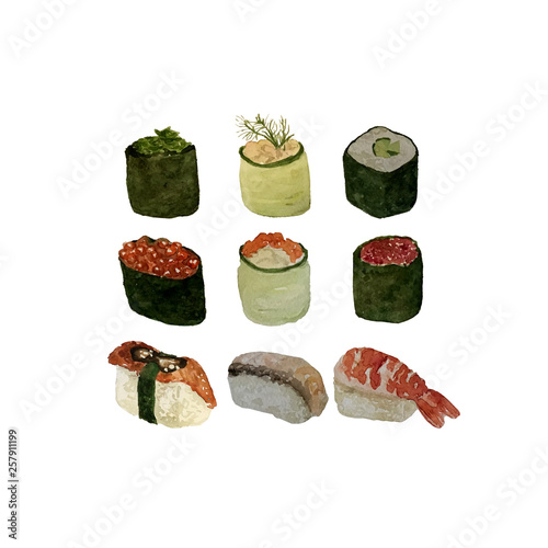 Wallpaper Mural Watercolor sea food set with sushi, shrimp mussel fish and shells isolated hand drawn illustration on white for menus, travel blogs about Japanese and Chinese food Torontodigital.ca