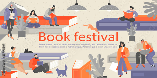 Book festival banner with people sitting on huge books and reading