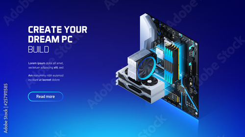 Gaming, workstation and mining computer isometric illustration, custom assembly computer components for workstation, pc store and service