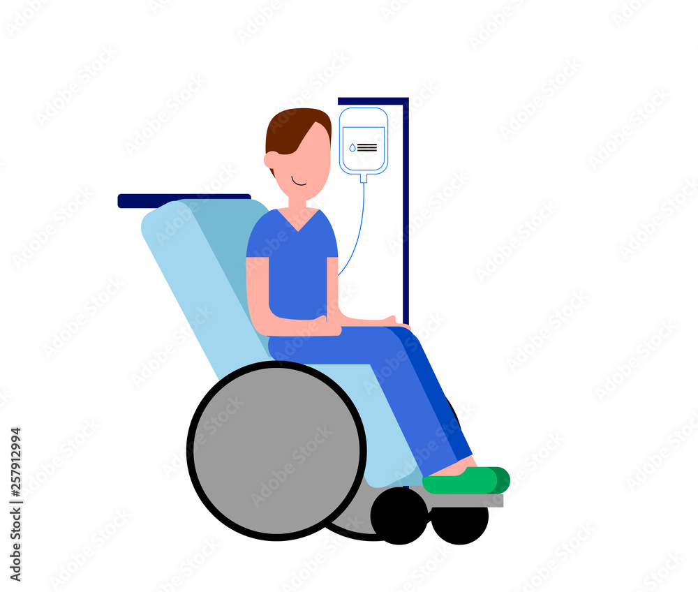 Vector illustration of a hospital patient in a wheelchair with a bag of serum