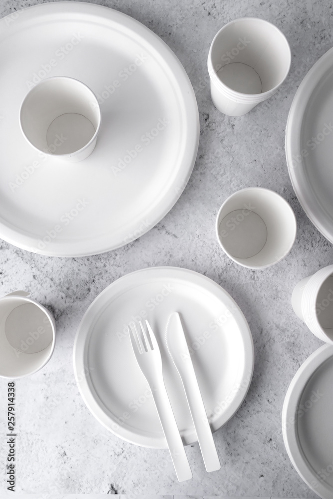 set of empty reusable disposable eco-friendly plates, cups, utensils on light white and grey concrete table top with copy space. Top view. set of empty reusable disposable eco-friendly plates, cups, utensils on light white and grey concrete table top with copy space. Top view.