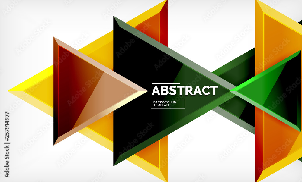 Triangles repetiton geometric abstract background, multicolored glossy triangular shapes, hi-tech poster cover design or web presentation template with copy space Triangles repetiton geometric abstract background, multicolored glossy triangular shapes, hi-tech poster cover design or web presentation template with copy space