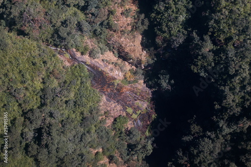 aerial view of trees on mountain , top view waterfall in forest .
