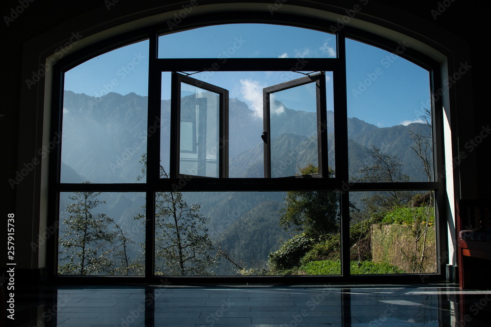 window frame of landscape beautiful view fansipan mountain at Northern Vietnam .