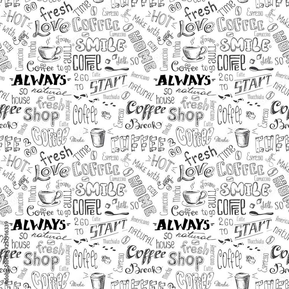 Seamless pattern with hand drawn coffee elements -lettering,text, cups, mugs and beans.