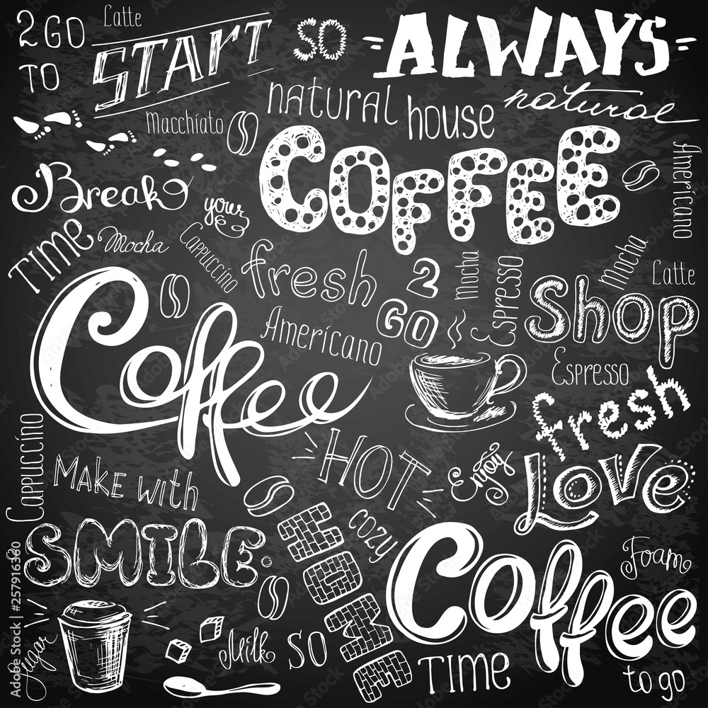 Huge Set of different hand drawn coffee elements -lettering,text, cups, mugs and beans