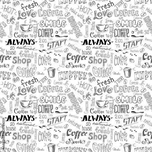 Seamless pattern with hand drawn coffee elements -lettering text  cups  mugs and beans.
