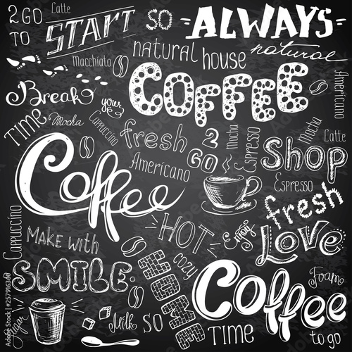Huge Set of different hand drawn coffee elements -lettering,text, cups, mugs and beans © naum