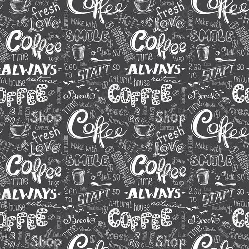 Seamless pattern with hand drawn coffee elements and signs.