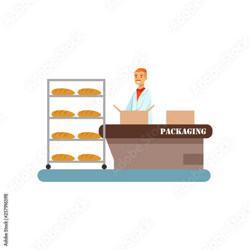 Worker packing freshly baked bread in boxes, stage of bread production process vector Illustration on a white background