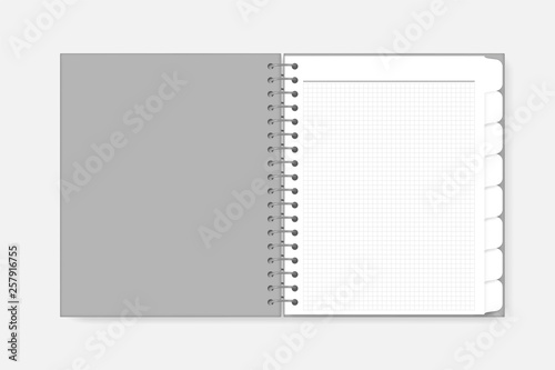 Open spiral white graph paper notebook with divider tab pages, realistic mockup. Wire bound bookmark sheet notepad spread, vector template
