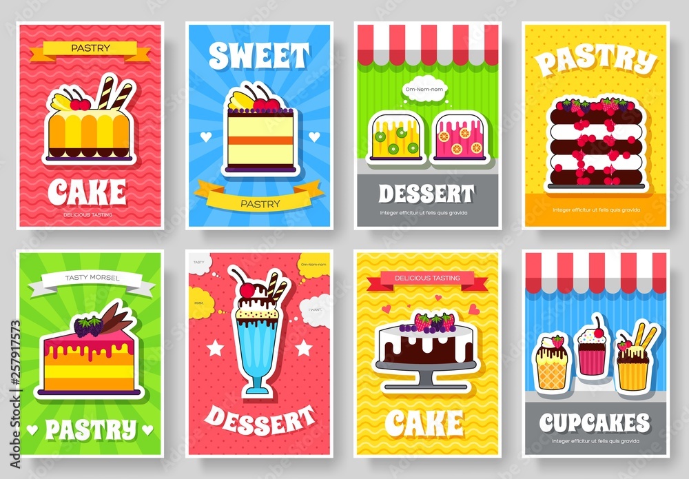 Naklejka premium Sweet for party or wedding brochure cards set. Cake stand template of flyear, magazines, posters, book cover, banners. Food infographic concept background. Layout illustrations pages with typography