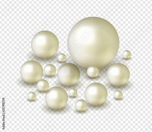 Nature ,sea pearl background with small and big white pearls isolated on transparent background © Ananieva