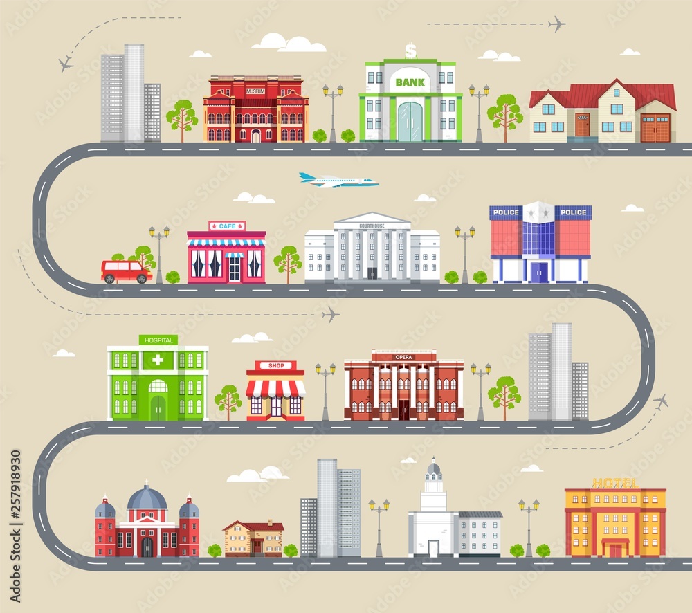 Flat colorful vector city buildings infographic Icon background concept design. Architecture construction: courthouse, home, museum, skyscraper, hospital, hotel, opera, theater. Vector urban landscape
