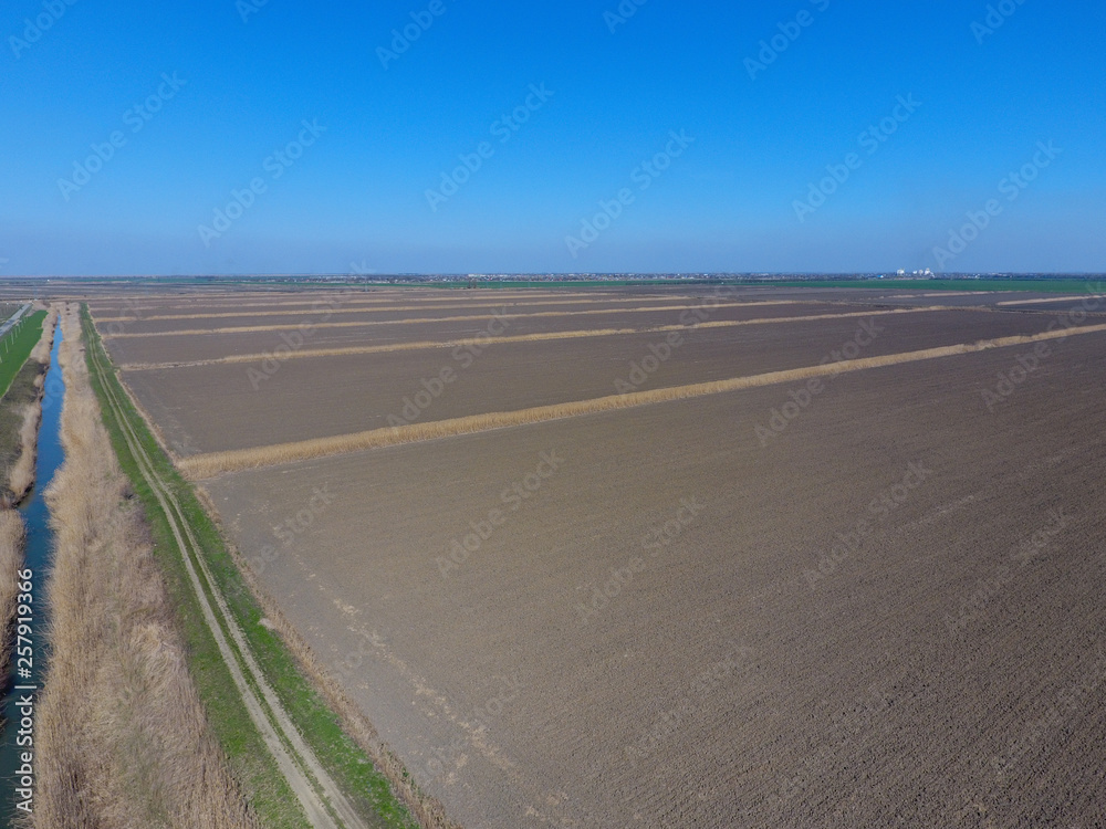 plowed field top view of plowed rice fields.