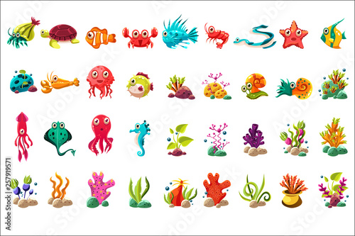 Sea creature big set, colorful cartoon ocean animals, plants and fishes vector Illustrations on a white background