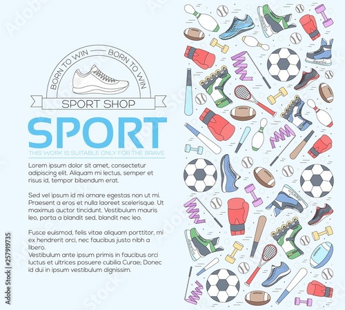 Circular concept of sports equipment background. life style tools with gym device, equipment and items. Training apparatus on a flat thin lines design. Vector illustration workout concept icons set