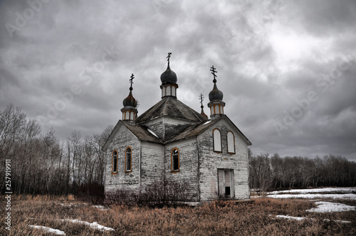 Old dilapidated Ukrainian church in small Canadian prairie locations
