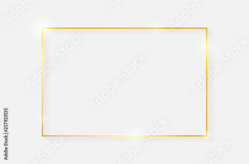 Gold shiny glowing vintage frame with shadows isolated on white background. Golden luxury realistic rectangle border. Vector