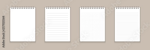 Realistic notebook or notepad with binder isolated. Memo note pad or diary with lined and squared paper page templates. Vector illustration