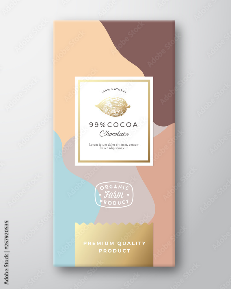 Fototapeta premium Cocoa Chocolate Label. Abstract Vector Packaging Design Layout with Soft Realistic Shadows. Modern Typography, Hand Drawn Cocoa Bean Silhouette and Colorful Background.