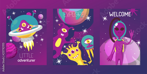 Monster alien set of cards vector illustration. Cartoon monstrous character, cute alienated creature or funny gremlin on halloween for kids. Spacecraft in cosmos among stars.