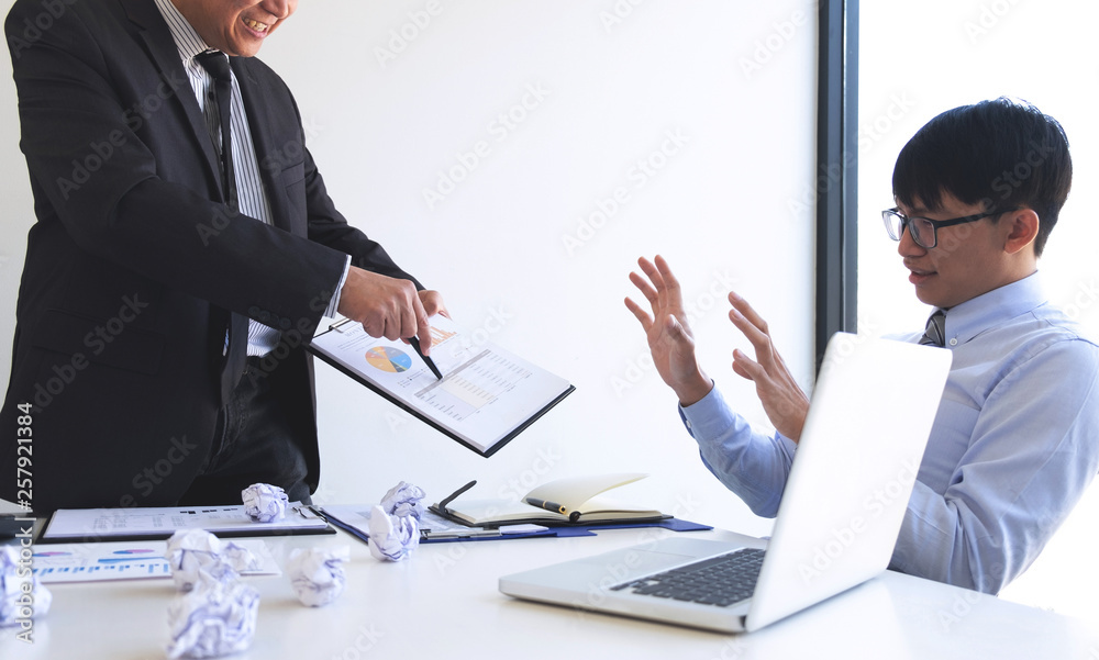 Blaming business concept, Senior executive manager blaming employee for mistake or failure, business team have disagreement in office arguing on work issues Blaming business concept, Senior executive manager blaming employee for mistake or failure, business team have disagreement in office arguing on work issues