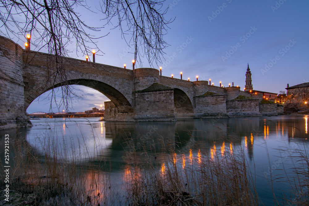 Medieval bridge over Ebro river in Zaragoza, Spain