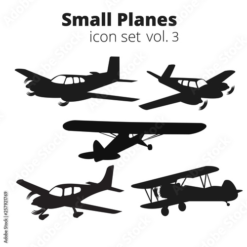 Small planes vector illustration set. Single engine propelled passenger aircraft.