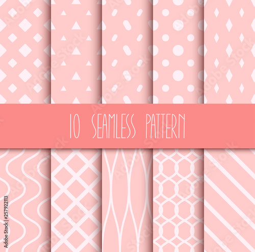 Set of seamless geometric patterns on pink background