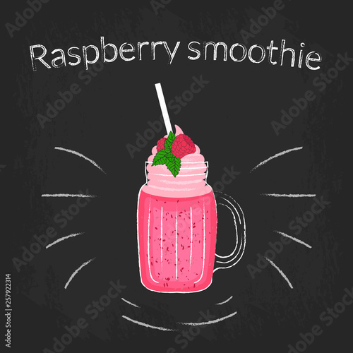 Raspberry smoothie in a jar with a cocktail straw and cream. Color sketch on black Board with white chalk.