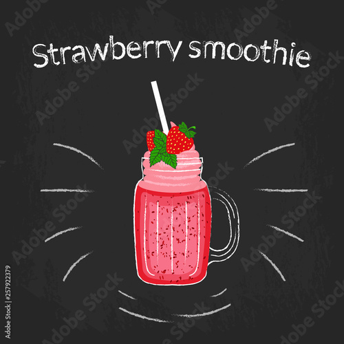 Strawberry smoothie in a jar with a cocktail straw and cream. Color sketch on black Board with white chalk.