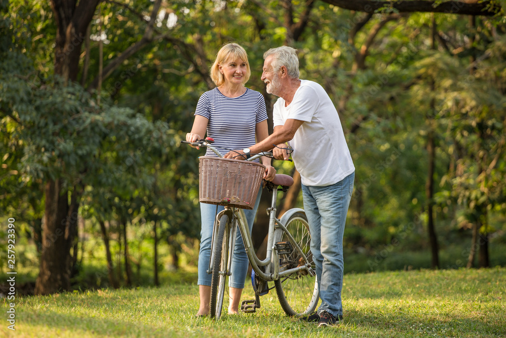 Happy senior couple relaxing at park walking with bike and talking together in morning time. old people in the autumn park . Elderly resting .mature relationships. family. romantic Happy senior couple relaxing at park walking with bike and talking together in morning time. old people in the autumn park . Elderly resting .mature relationships. family. romantic