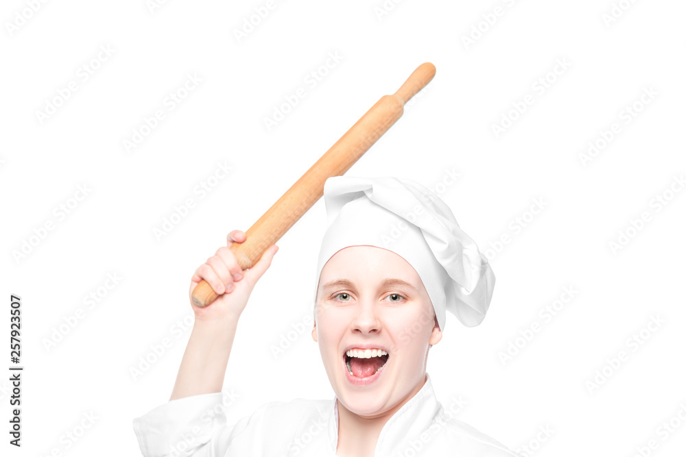 crazy cook with a rolling pin swings on white background, portrait isolated crazy cook with a rolling pin swings on white background, portrait isolated