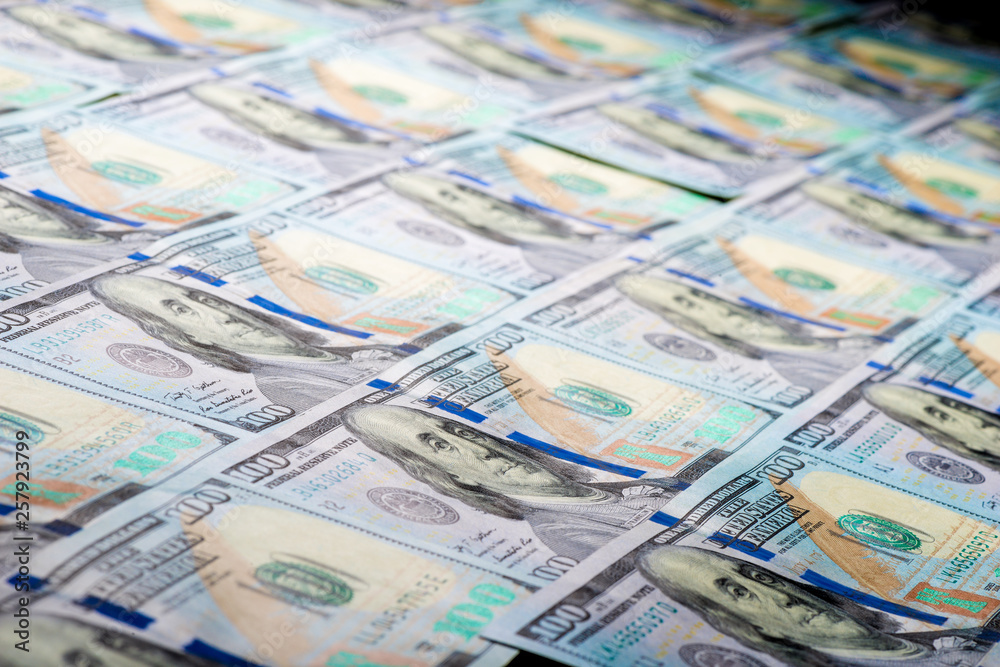 Fototapeta premium Macro shot of dollars background close up portrait of Franklin