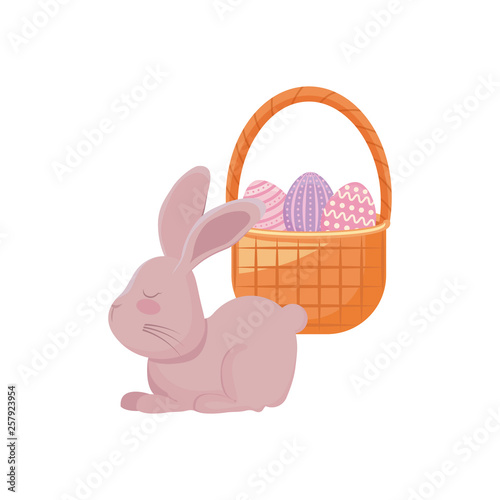 cute rabbit with basket wicker and eggs of easter
