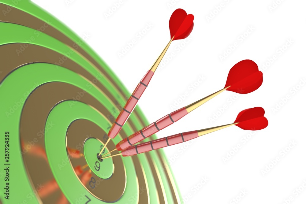 Three red darts hitting the bullseye. 3d illustration Three red darts hitting the bullseye. 3d illustration
