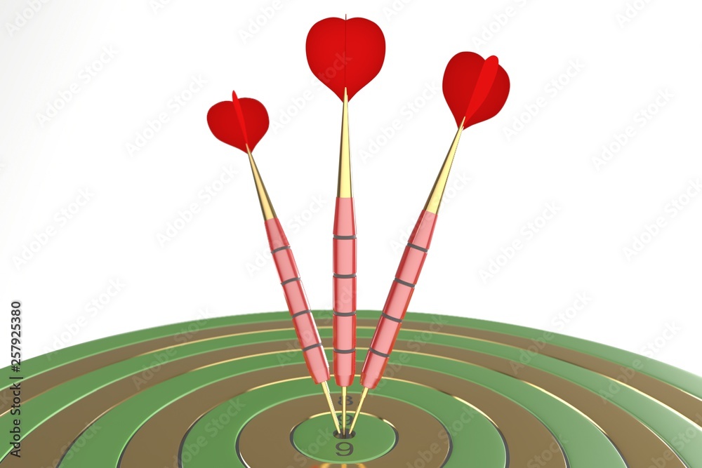 Three red darts hitting the bullseye. 3d illustration Three red darts hitting the bullseye. 3d illustration