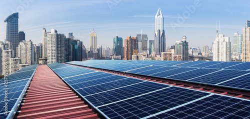 Photography Solar panels and urban construction background