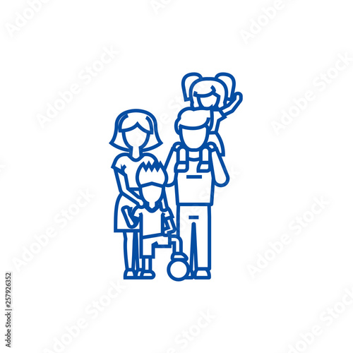 Family,on father's shoulders, mother  line concept icon. Family,on father's shoulders, mother  flat  vector website sign, outline symbol, illustration.
