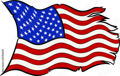 Hand drawn vector of USA flag waving torn and broken by the wind. photo