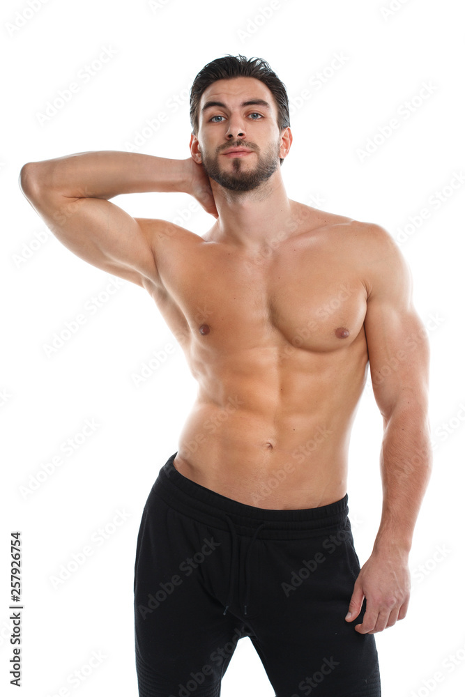Cute athletic man with a naked torso isolated on white background.