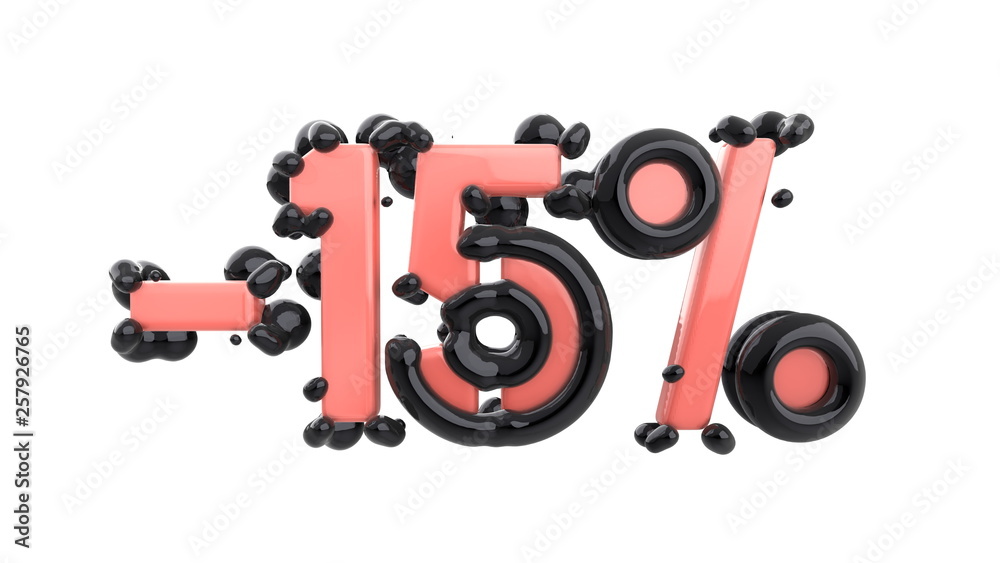 The sign -15off. Made of trendy pink shiny material with black plastic parts isolate on white background. 3d illustration The sign -15off. Made of trendy pink shiny material with black plastic parts isolate on white background. 3d illustration