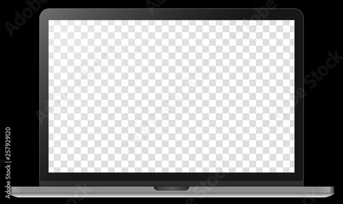 Realistic modern silver metal notebook isolated on black background. Digital black display mockup template. Vector illustration
