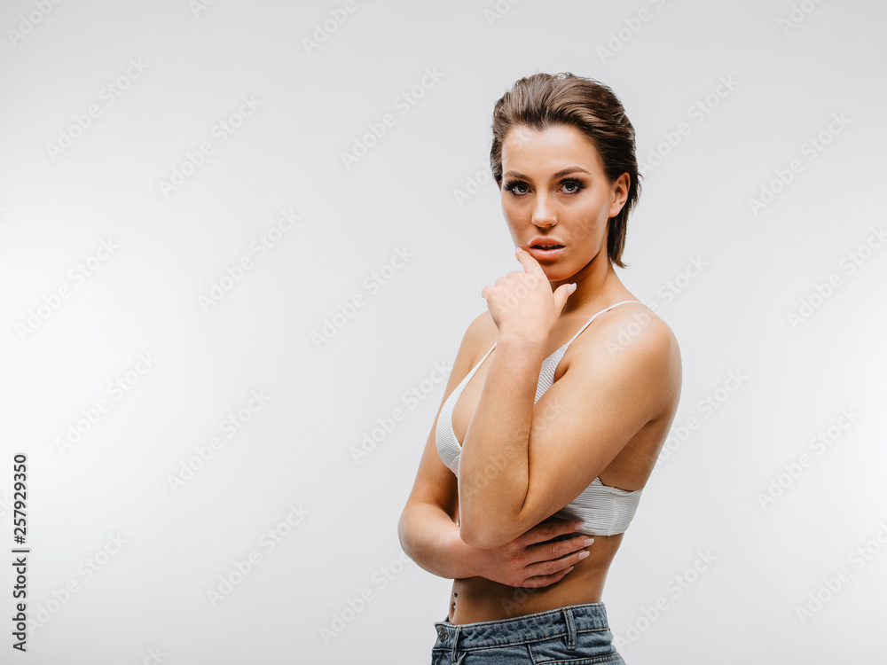 Beautiful Caucasian Brunette Girl on White Backdrop Beautiful Caucasian Brunette Girl on White Backdrop