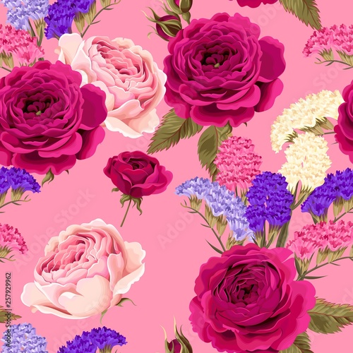Vector seamless pattern with roses and dry flowers