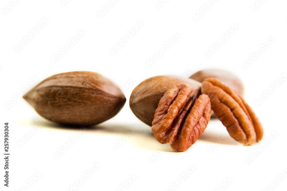 Not cleaned pecan nuts in the shell isolated on white. Not cleaned pecan nuts in the shell isolated on white.