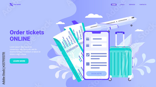 Book your flight online: web design concept. Flat vector illustration with floral elements, can be used for banner, hero images. Buy tickets, check in on-line or using mobile application.