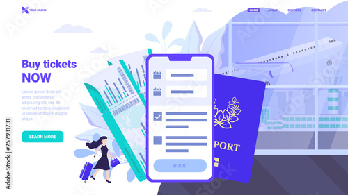 Buy tickets now, buy tickets online: site design concept. Flat vector illustration with tiny characters. Illustration for landing page, web site, banner.